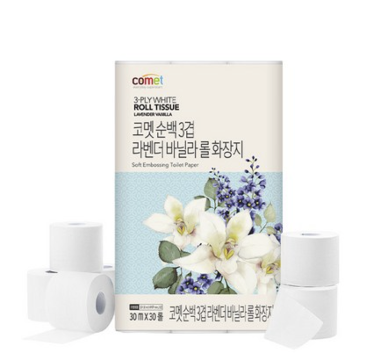   은은한 향으로 집 분위기 바꿔주는 코멧 순백 3겹 라벤더 바닐라 롤화장지[쿠팡]