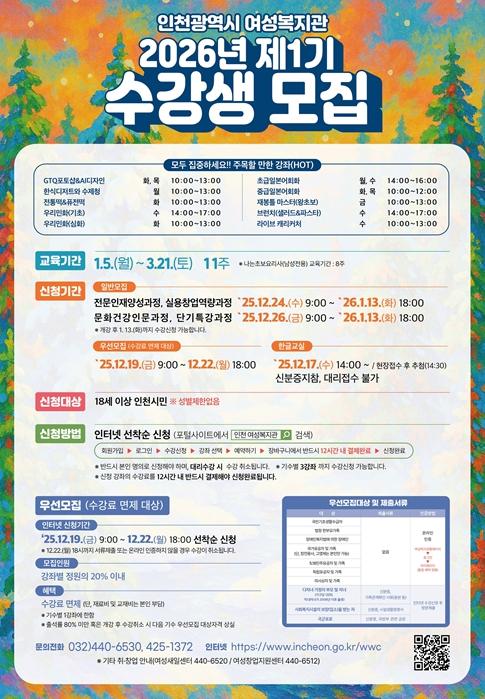 인천시 여성복지관, 2026년 제1기 사회교육강좌 수강생 모집