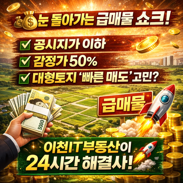   긴급 매도 선언! 24시간 불철주야 대기! 팔리지 않는 전국 대형 토지, 이젠 '반값 조건'으로 이천IT부동산이 완벽 케어! 