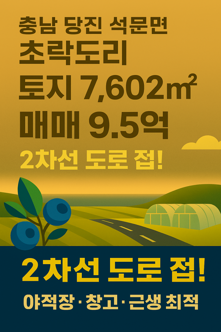   당진 투자 신화 시작! 석문면  7,602 토지 9.5억! 2차선 대로변, 야적·창고·근생 '트리플 크라운' 입지!