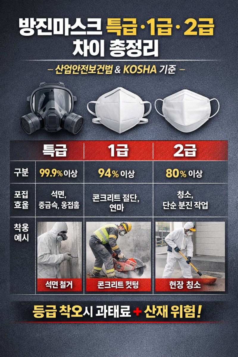 [현장 안전 가이드] 방진마스크 등급별 필터 효율 및 용도 완벽 정리 (특급, 1급, 2급)