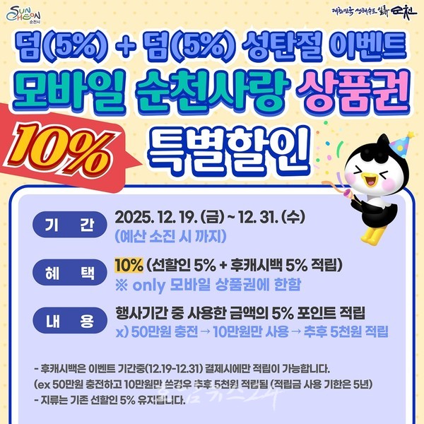덤(5%)+덤(5%) 성탄절 이벤트, 12월 19일부터 모바일 순천사랑상품권10%특별 할인