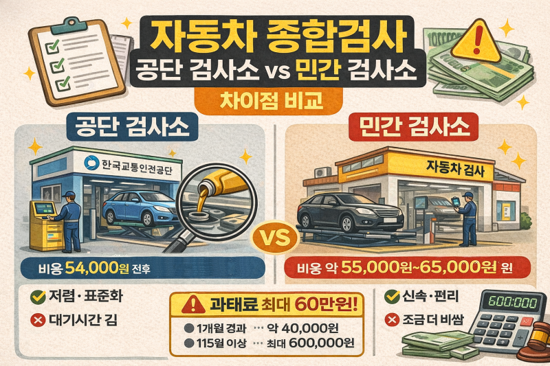 자동차 종합검사 공단 vs 민간 검사소 검사 비용 및 차이점 비교[feat.과태료]