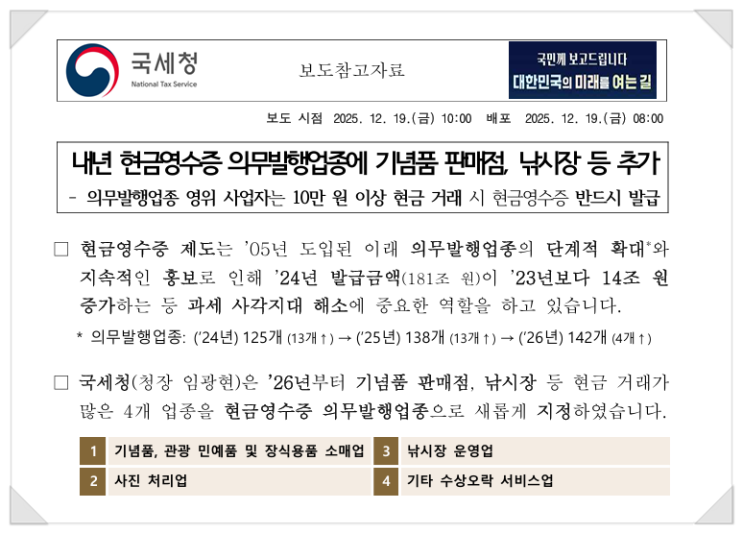 2026년 <b>현금영수증 의무발행</b>업종 확대!!
