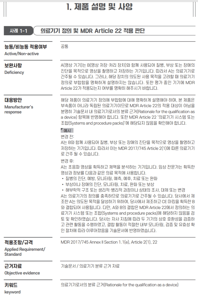  MDR 심사시 주요 보완 사례집(기술문서 중심)
