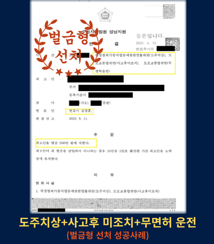  도주치상·사고후미조치·무면허운전 사건, 실형에서 벌금형 선처 받은 기준은