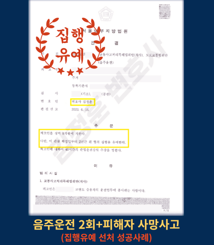  음주운전 2회 전력 이후 발생한 사망 사고, 실형을 피한 판결 사례