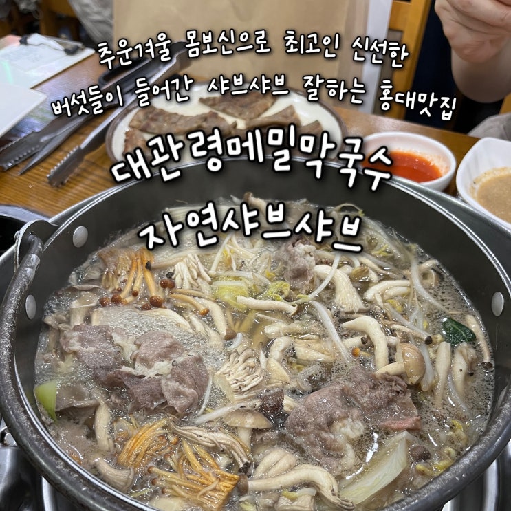  내돈내산 | 겨울 몸보신으로 최고인 신선한 버섯들이 잔뜩 들어간 샤브샤브 잘하는 홍대맛집 “대관령메밀막국수자연샤브샤브”