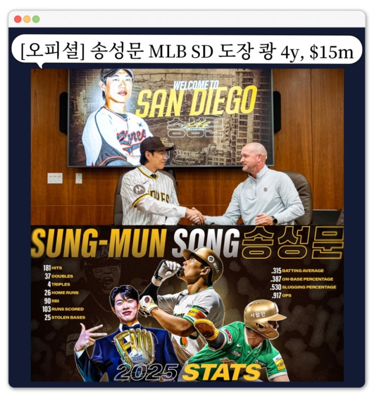  송성문 오피셜 MLB샌디에이고 파드리스 4년 1500만 달러 도장 쾅 ft. 신인왕 mvp 옵션, 코리안 더비 일정