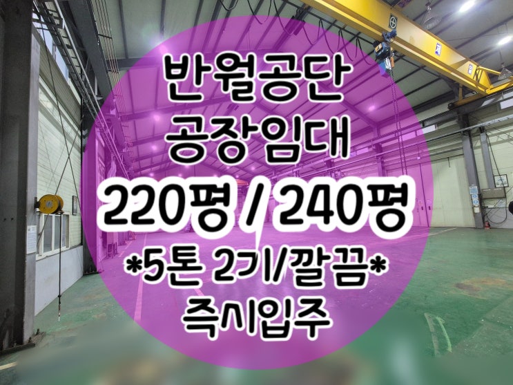  [반월공단 공장 임대] 240평 / 220평 호이스트 5톤!! 내부 깔끔!! 반월공단 부동산