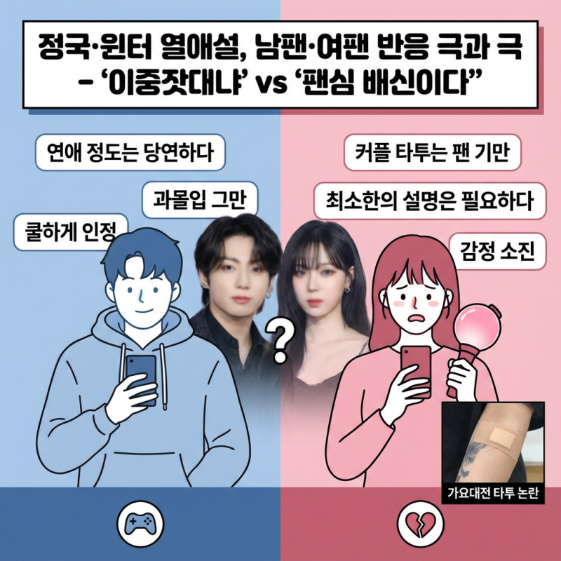 정국·윈터 열애설, 남팬·여팬 반응이 극과 극인 이유 – "이중잣대냐" vs "팬심 배신이다"