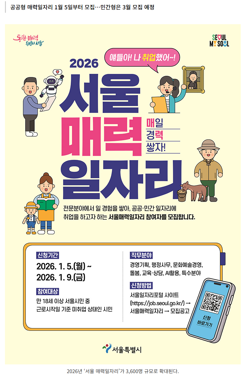 서울 매력일자리 2026 모집! AI 활용 분야 신설, 3,600명 선발 (1월 5일 시작)