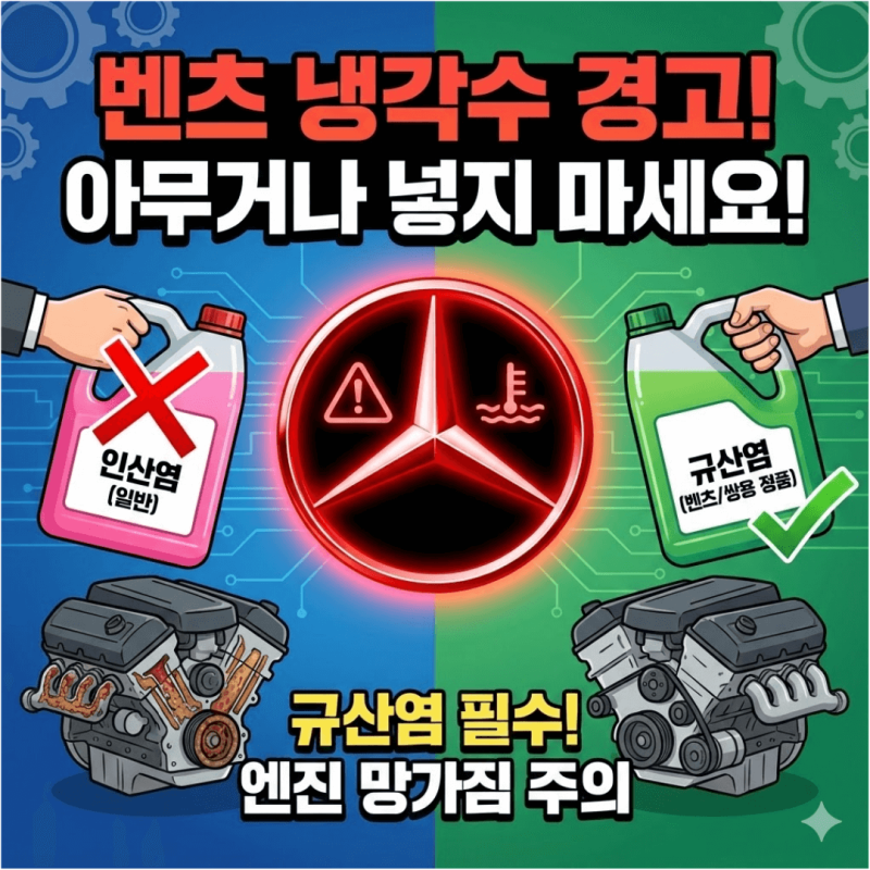 벤츠 냉각수 보충 경고등 떴을 때, 급하다고 '이것' 넣으면 절대 안 됩니다 (규산염 vs 인산염)