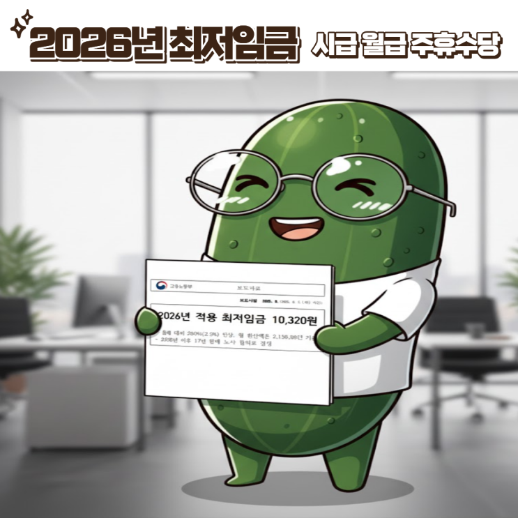  2026년 최저임금 주휴수당 포함 시급 일급 월급