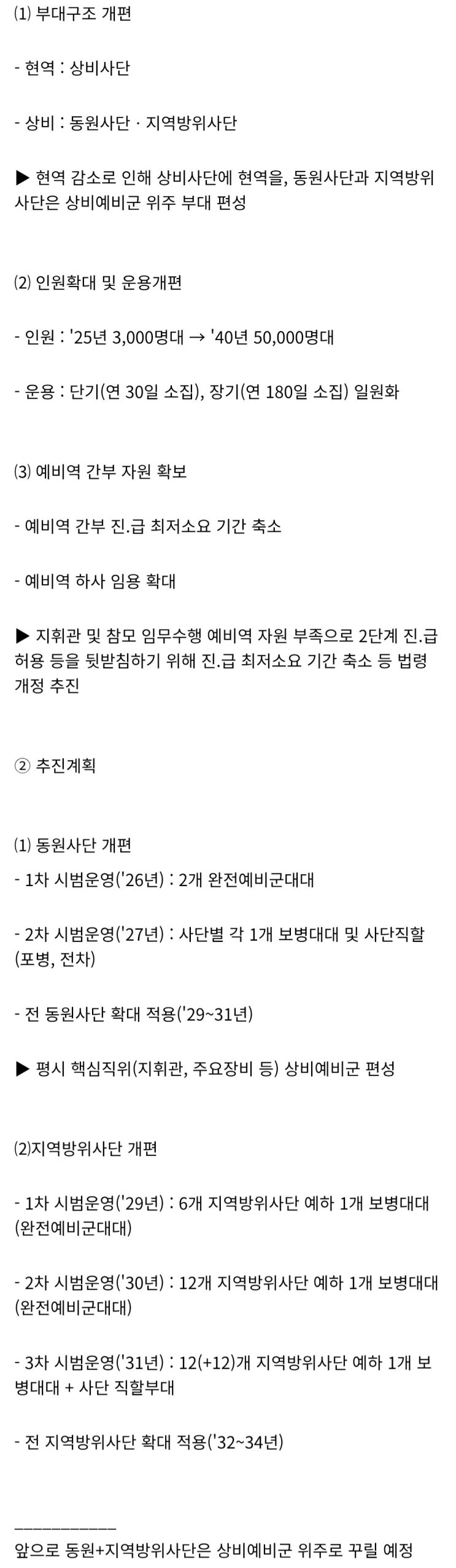  상비예비군 개편 계획