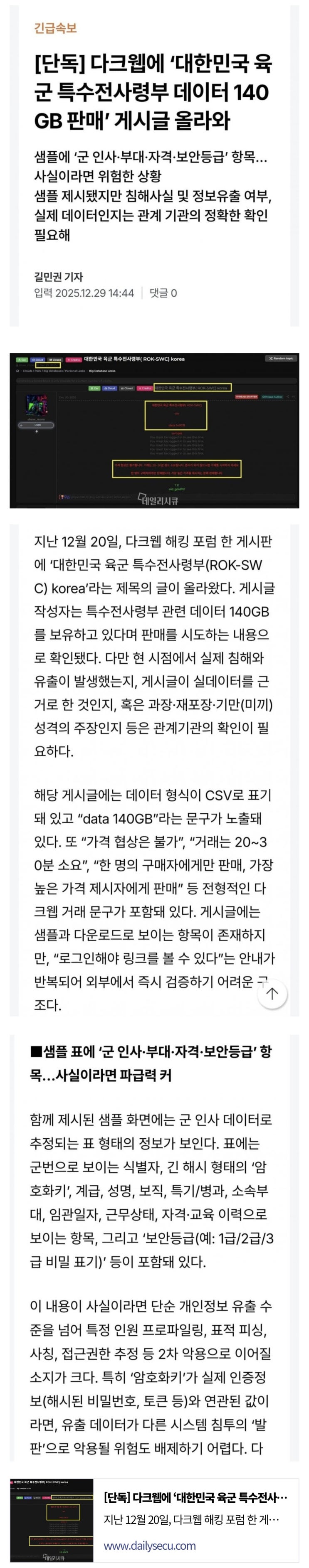  다크웹에 ‘대한민국 육군 특수전사령부 데이터 판매’ 게시글 올라와