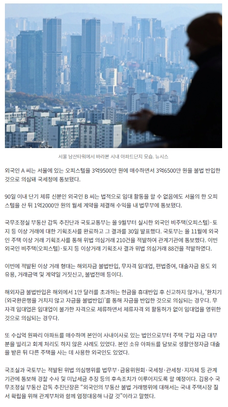  90일 단기체류하며 임대업 한 외국인, 의심거래 88건 적발