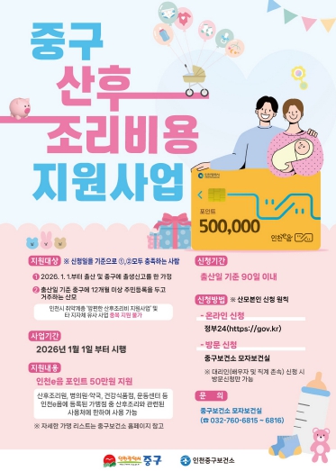 인천 중구, 새해부터 ‘산후조리비용’ 50만 원 지원 시작