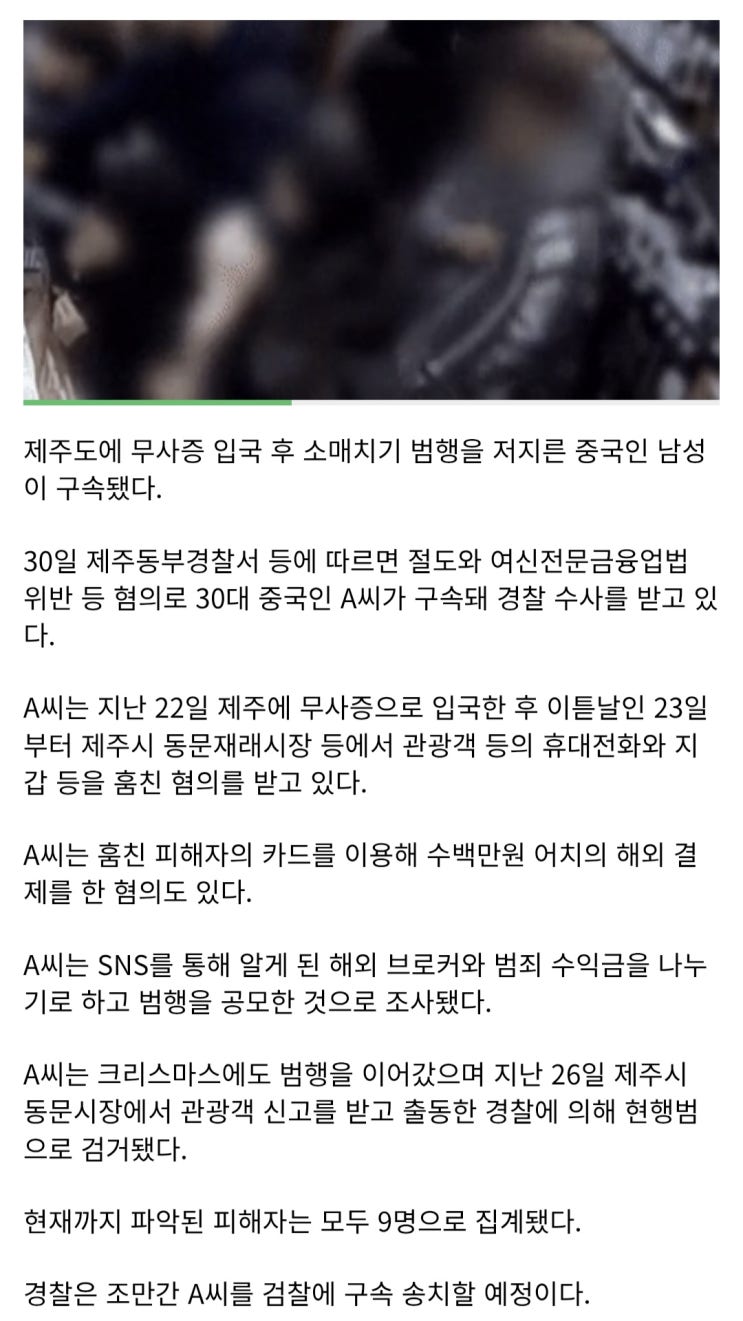  무비자로 입국한 중국인, 제주서 소매치기하고 수백만원 해외결제까지