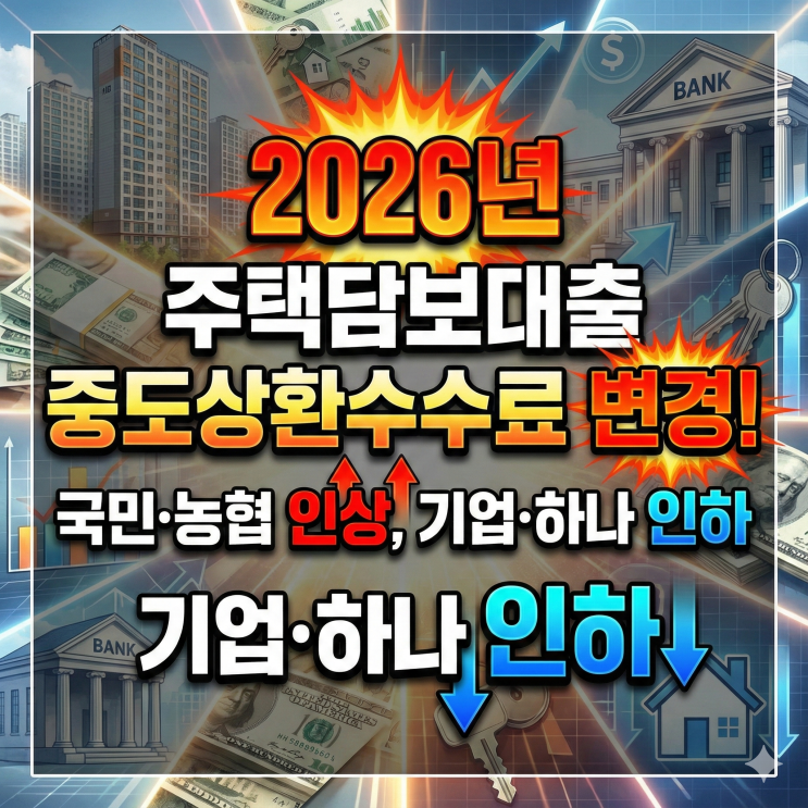  2026년 주택담보대출 중도상환수수료 변경! 국민·농협 인상, 기업·하나 인하 (신규신청 기준)