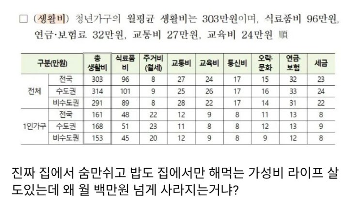  청년 1인가구 월 생활비 161만원, 사회 신뢰도는 낙제점