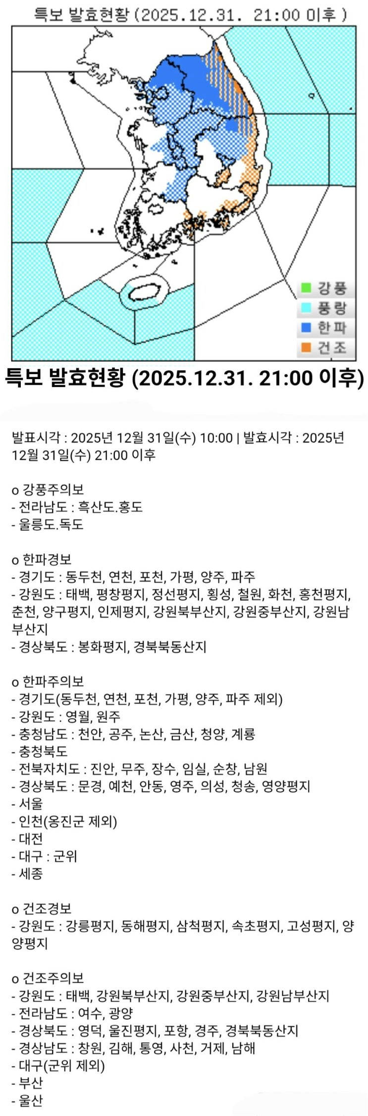  한파 특보, 건조 특보 확대