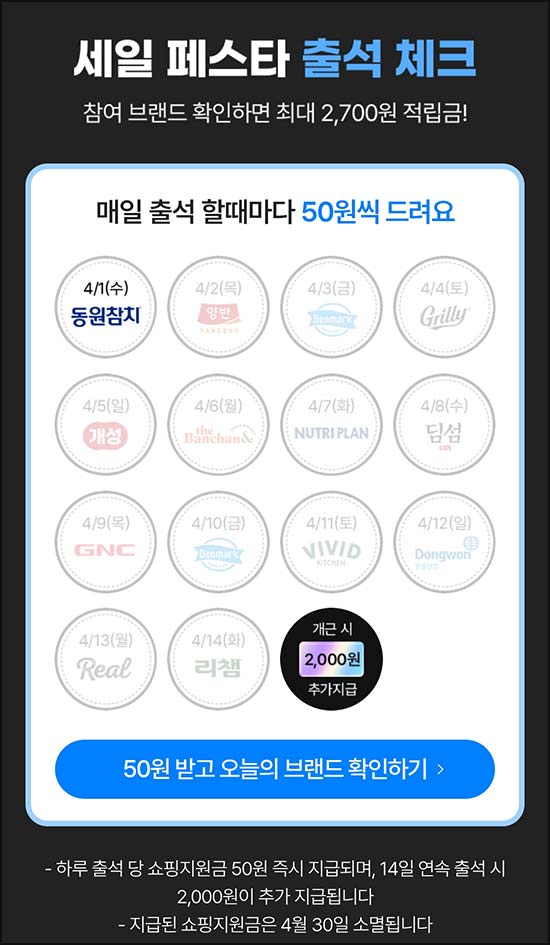  동원몰 출석체크 이벤트등 (적립금 2,700원+@) 전원~04.30