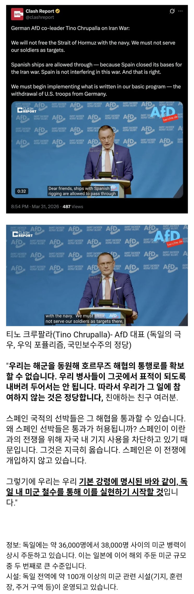  독일 AfD, 주둔 미군 철수시키자