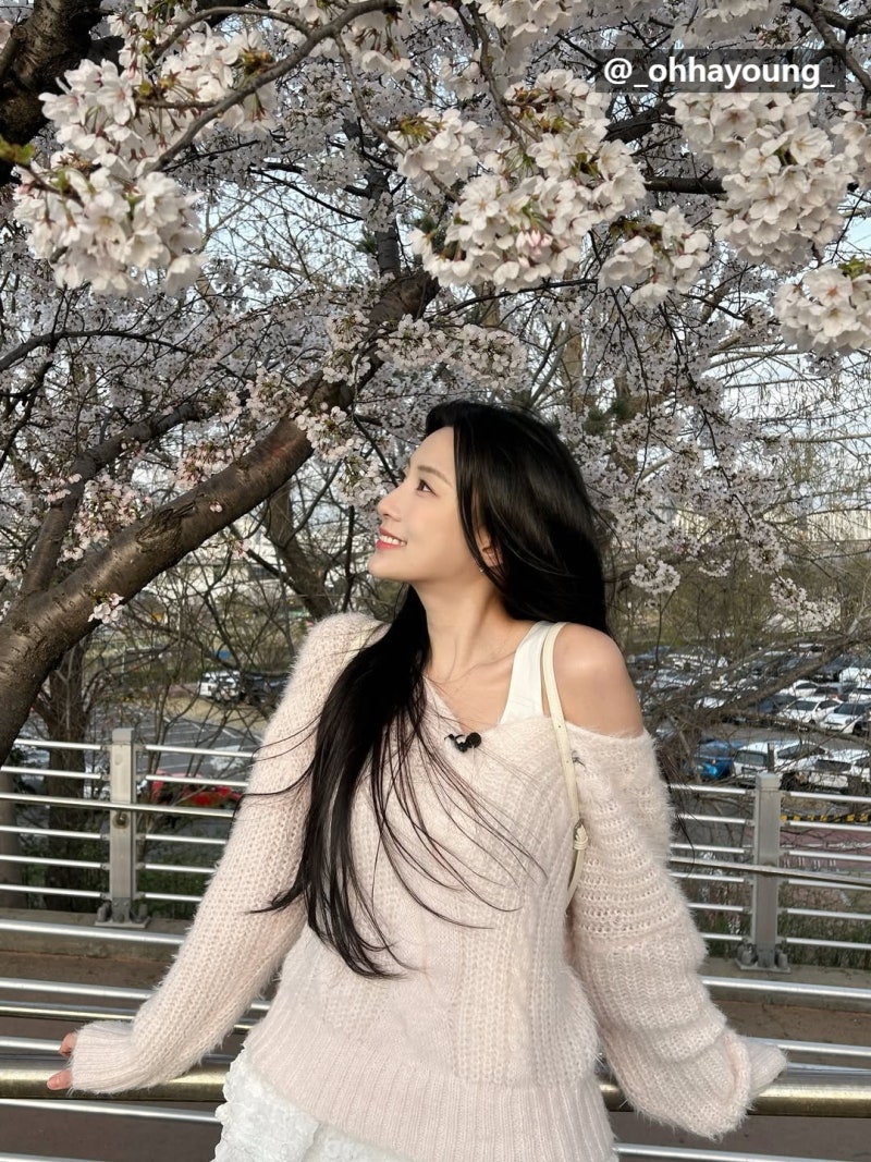 에이핑크 오하영 벚꽃놀이 코디 레이스 스커트 니트