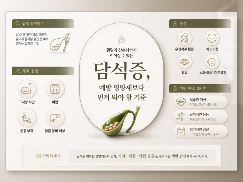 황달과 간손상까지 이어질 수 있는 담석증, 예방 영양제보다 먼저 봐야 할 기준