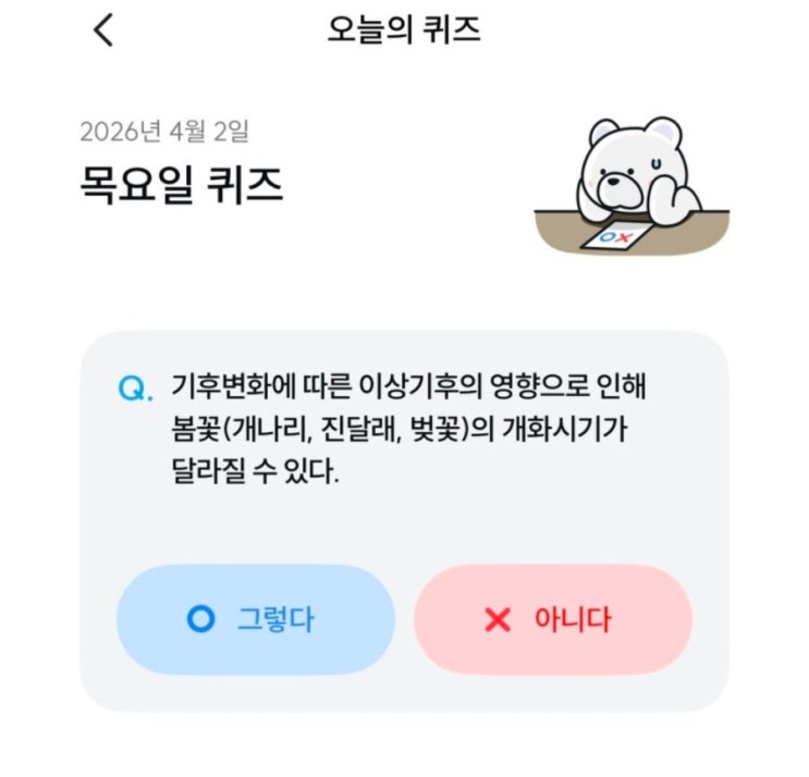  기후동행퀴즈 4월 2일 정답 봄꽃 개나리, 진달래, 벚꽃의 개화시기