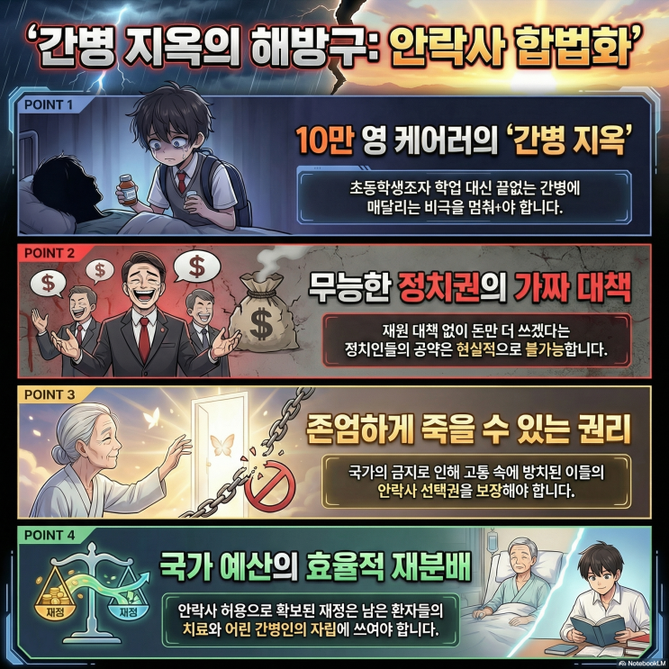  10만 명이 넘는 영케어러들을 간병 지옥으로부터 구원하기 위해 국가는 속히 안락사법을 제정해야 한다.