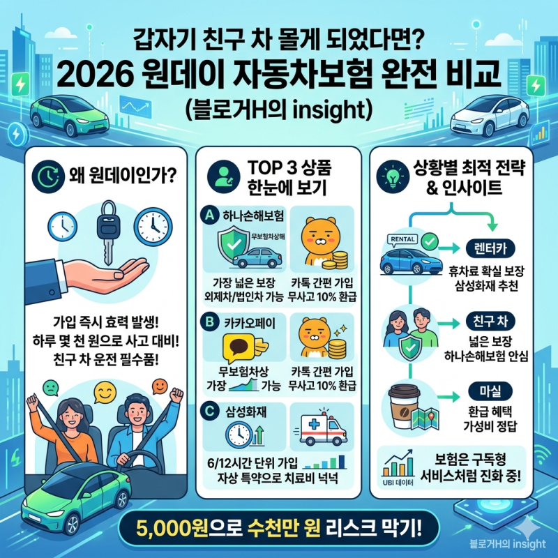 친구 차·렌터카 운전 전 필수! 2026 원데이 자동차보험 추천 TOP 3 하나·카카오·삼성 보험료 ....