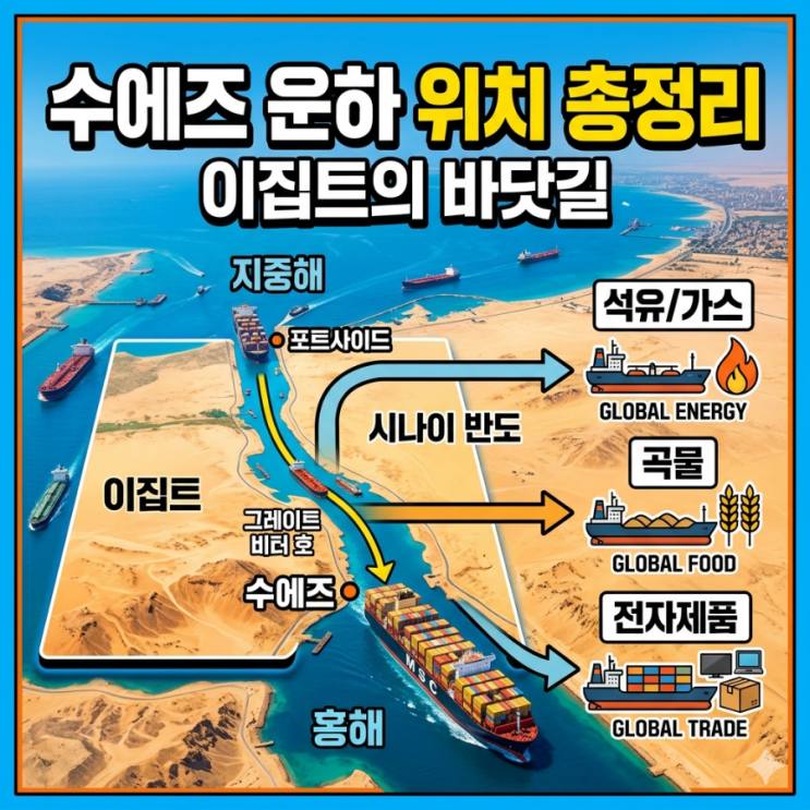  수에즈 운하 위치 총정리: 이집트의 바닷길로 석유·가스·곡물·전자제품은 어디로 갈까