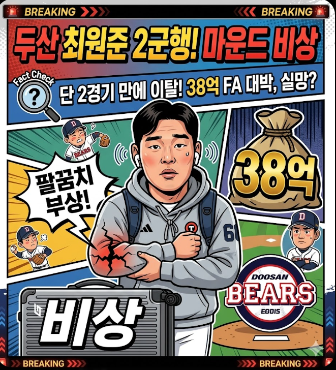 두산 최원준 팔꿈치 부상 2군행: 38억 FA 대박 계약 후 단 2경기 만에 이탈한 마운드 비상 상황 ....