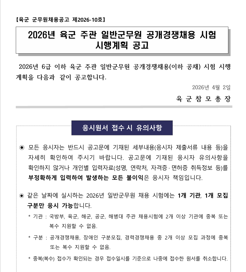 2026 육군 군무원 채용 공고 총정리-시험 일정, 구성