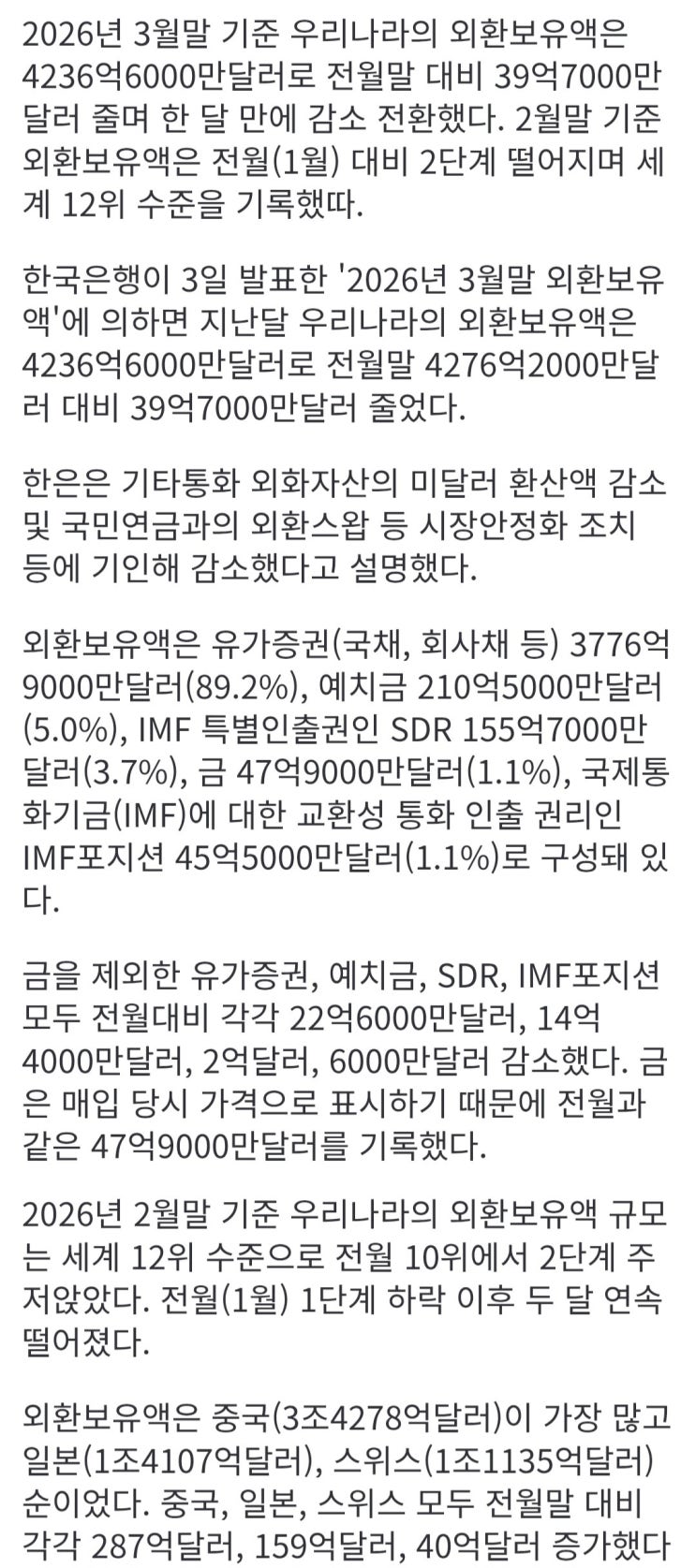  외환보유액 급감, 전월比 39.7억 달러 감소