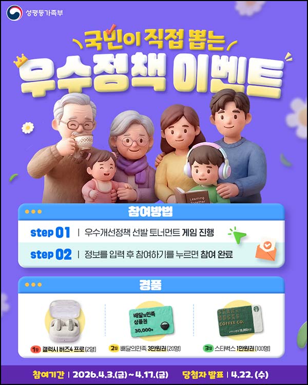  성평등가족부 투표이벤트 (스벅 1만원등 122명) 추첨~04.17