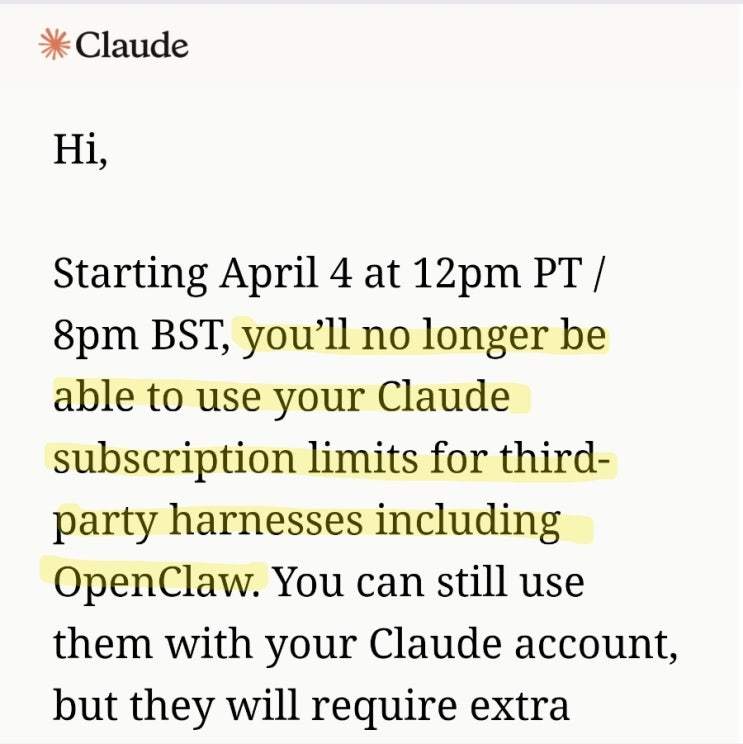  클로드 구독 한도 정책 변경 (오픈클로OpenClaw 등 타사 도구 사용 제한)