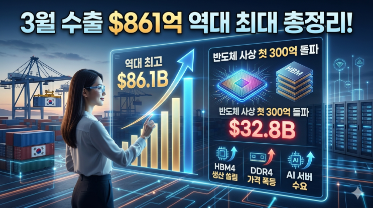  3월 수출 861억 달러 역대 최대 총정리 | 반도체 328억 달러 사상 첫 300억 돌파