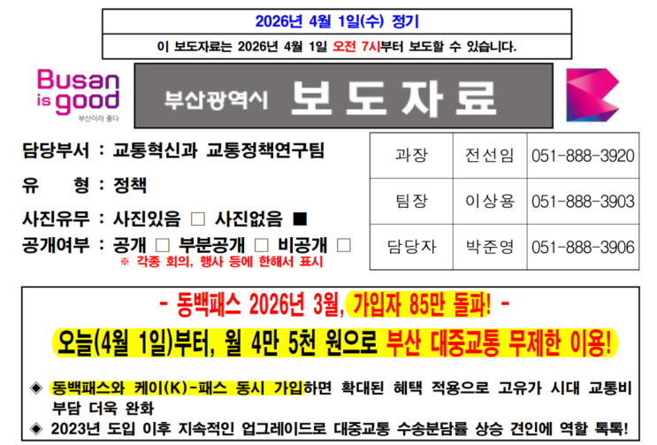  부산 대중교통 '무제한 시대' 개막! 동백패스X-K패스 환급 한도 폐지