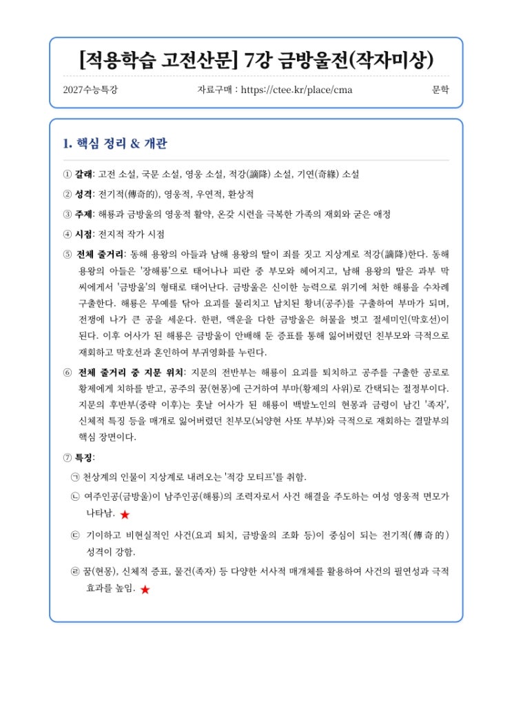  2027수능특강 문학 [적용학습 고전산문] 7강 금방울전(작자미상) 핵심정리&변형문제  [수원CMA국어영어학원]