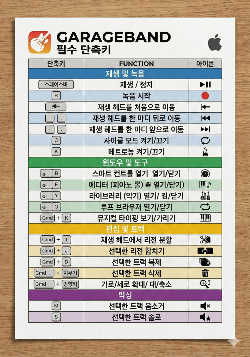 가라지밴드(GarageBand) 필수 단축키 모음! 작업 효율 2배 높이는 A4 인쇄용 가이드(이미지 포함)