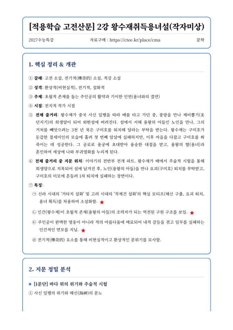  2027수능특강 문학 [적용학습 고전산문] 2강 왕수재취득용녀설(작자미상) 핵심정리&변형문제  [수원CMA국어영어학원]