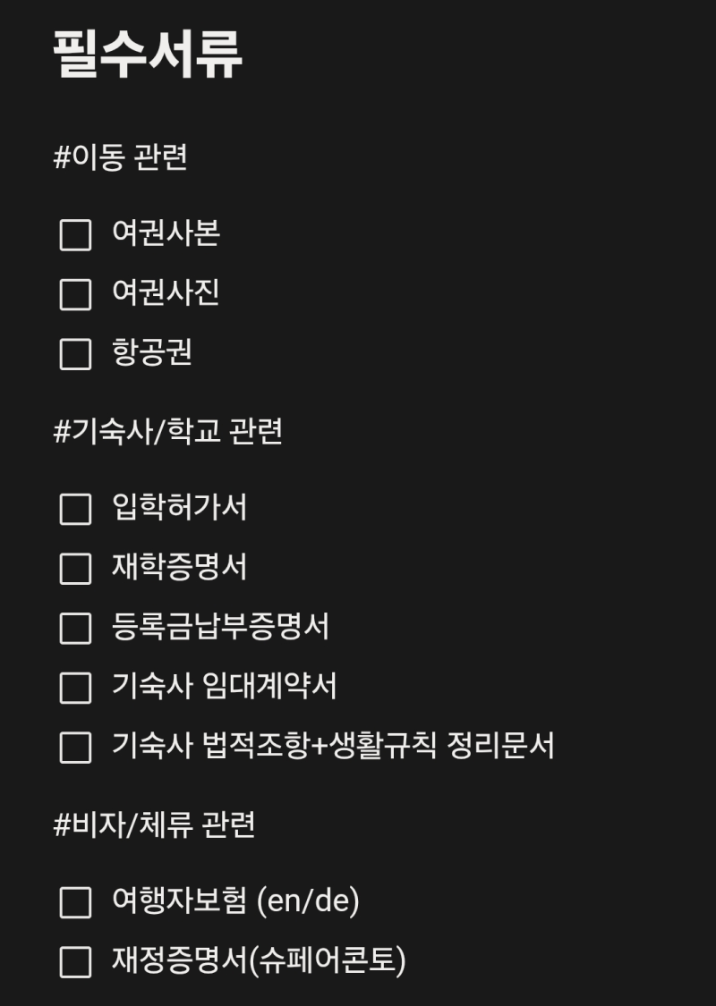 독일 교환학생 짐싸기 총정리 (카테고리별 정리)