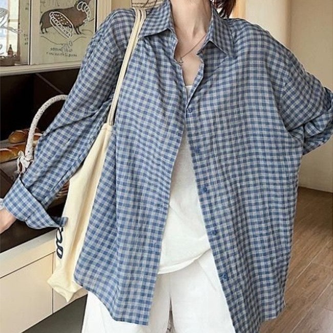 스트릿 루즈핏 체크 남방 여성 카라 봄 가을 캐주얼 빈티지 블라우스 데일리 긴팔 셔츠