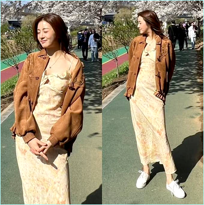  강소라 벚꽃룩, 핏 천재 스웨이드 자켓+원피스 코디법
