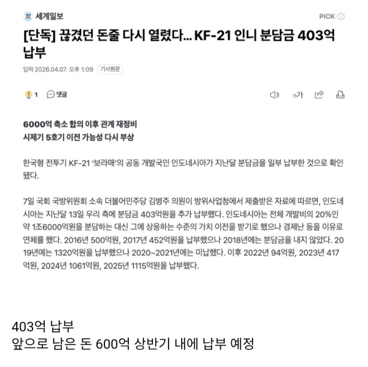  KF-21 인도네시아 분담금 납부