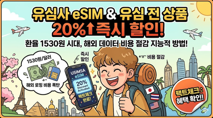  유심사 eSIM 유심 할인 팩트체크: 전 상품 20% 즉시 할인 혜택… 환율 1,530원 시대 해외 데이터 비용 절감하는 지능적 방법
