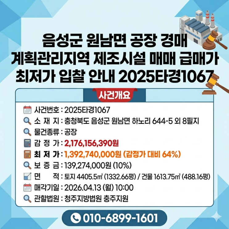  음성군 원남면 공장 경매 계획관리지역 제조시설 매매 급매가 최저가 입찰 안내 2025타경1067
